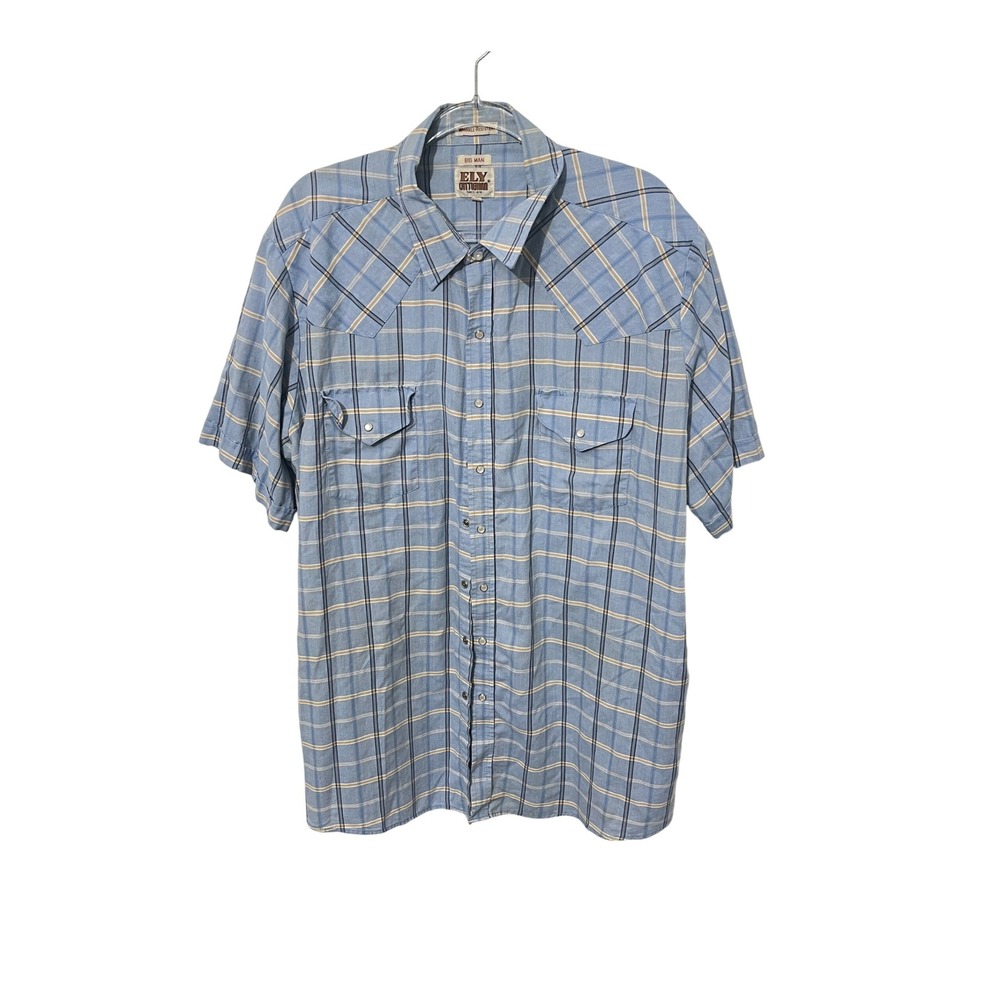 Ely Cattleman Western Snap Shirt Mens 2X Blue Plaid‎ Wrinkle Resistant Big Man